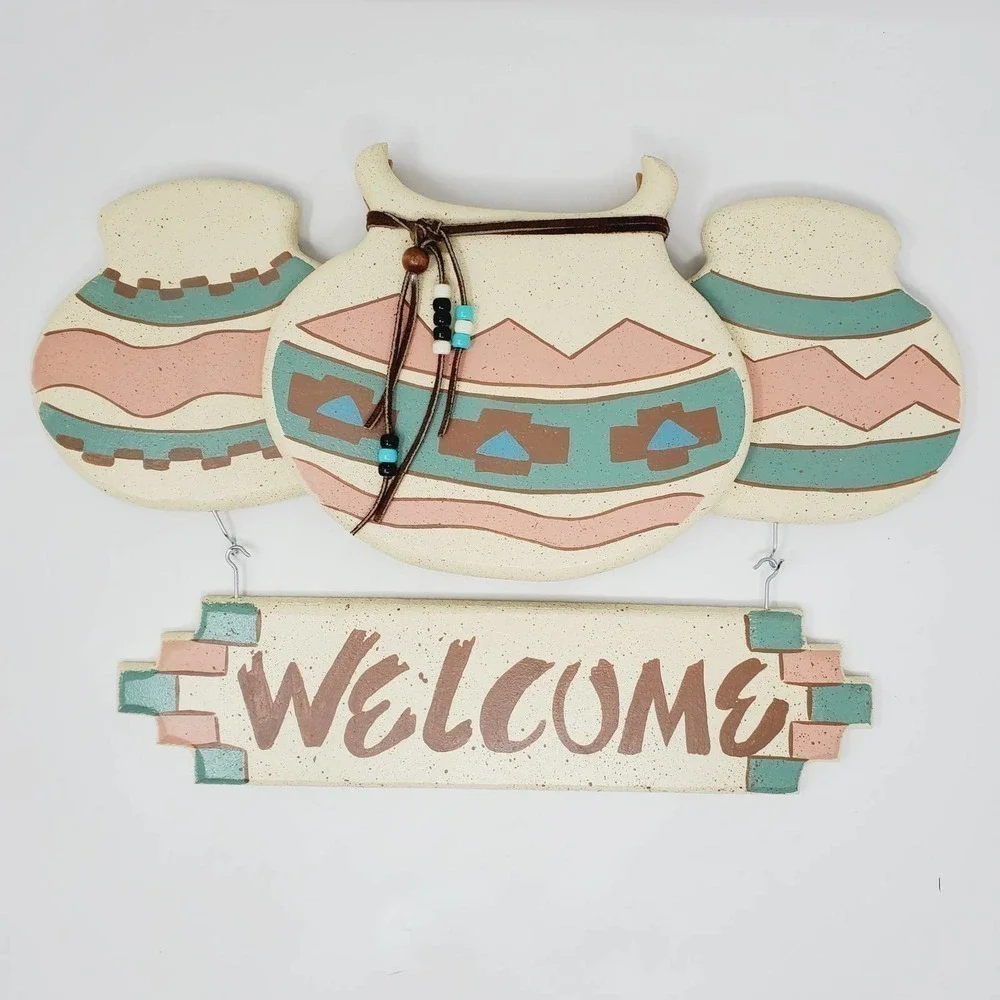Welcome Sign Southwestern Wall Hanging Native Art Pottery Design Leather Strap